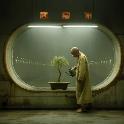 Man Watering Bonsai in Futuristic Tokyo