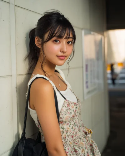 Japanese High School Girl in Floral Attire