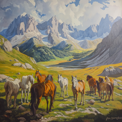 Expansive Mountain Landscape with Horses
