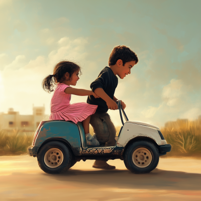 Boy Pushing Girl in Car