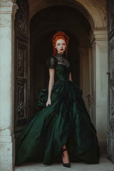 Elegant Young Woman in Green Gown