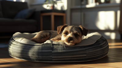 Happy Puppy on Dog Bed