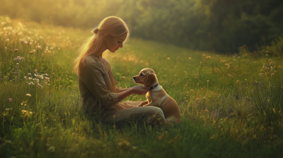 Woman with Puppy in Nature