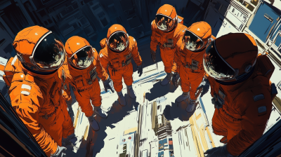 Five Individuals in Orange Space Suits