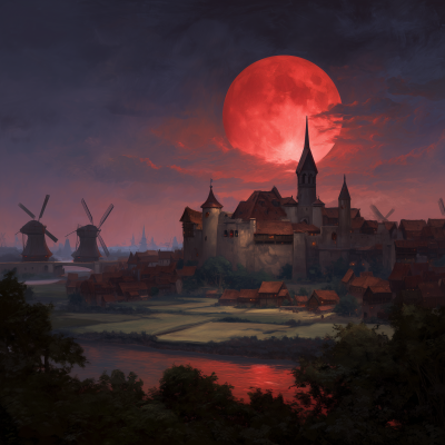 Red Moon Over Medieval Village