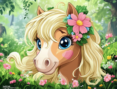 Cute Cartoon Horse in Spring Garden
