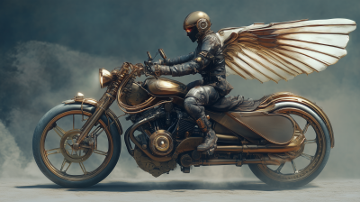 Wingless Steampunk Seraph on a Motorbike