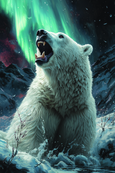Roaring Polar Bear Under Aurora