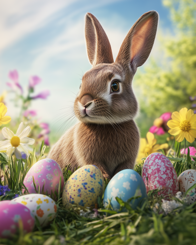 Easter Bunny Among Eggs