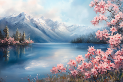 Tranquil Lake with Pink Flowers