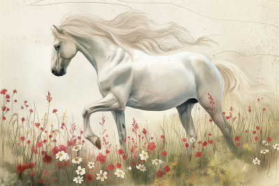 Arabian White Horse in Wildflowers
