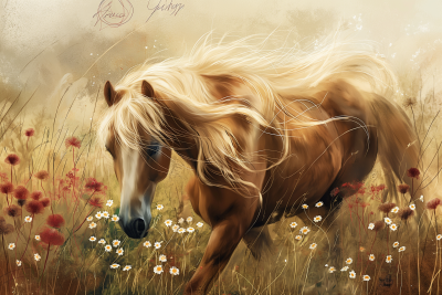 Beautiful Brown Horse in Wildflowers