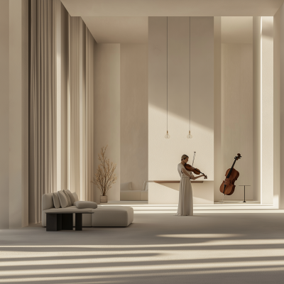 Dramatic Violinist in Minimalist Living Room