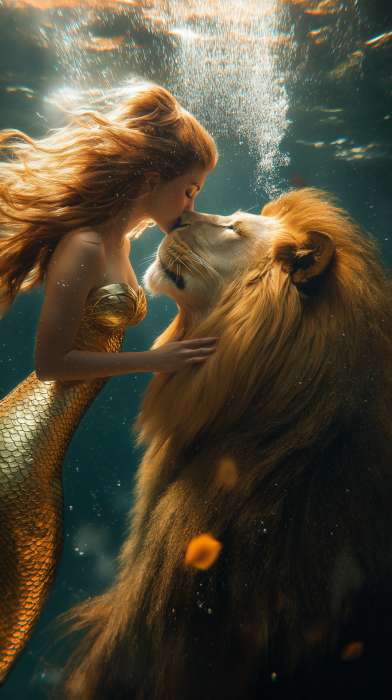 Mermaid and Lion Kiss