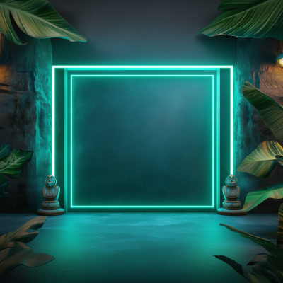 Aztec Statues with Neon Frame