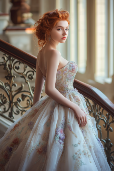 Elegant Redhead in Pastel Gown