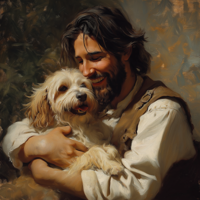 Jesus with a Happy Puppy