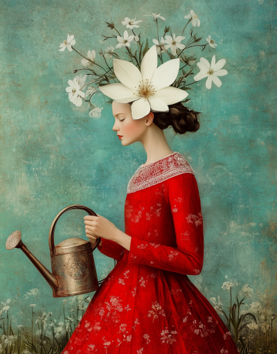 Woman in Red Dress with Watering Can