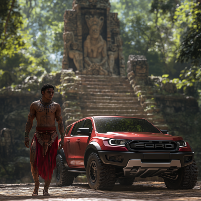 Mayan Warrior with Ancient Sculpture