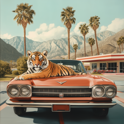Tiger on Vintage Car