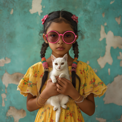 Young Girl with White Cat