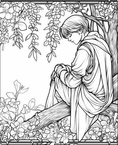 Coloring Page of a Boy in a Tree
