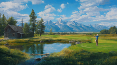 Golfer Tee Off on Scenic Par 3