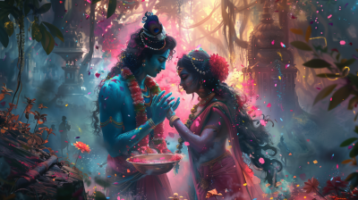 Holi Celebration with Krishna and Parvati