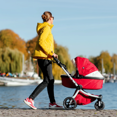 Mother with Stroller by the Lake