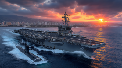 Aerial Sunset Over Navy Vessels