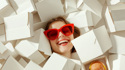 Joyful Woman in Takeout Box Pile