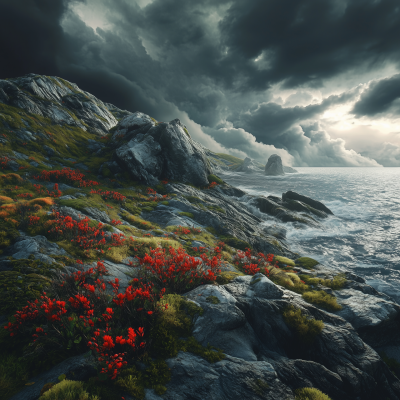 Mossy Rocks and Stormy Sky