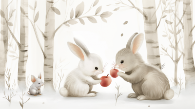 Bunnies and Mouse in the Snow