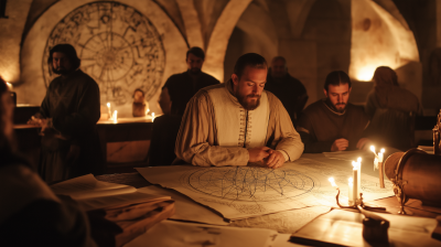 Medieval Scholars in Candlelit Classroom