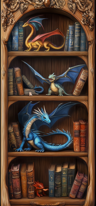 Fantasy Bookshelf with Dragons
