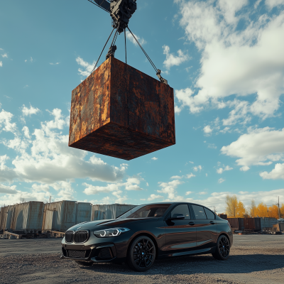 Black BMW with Steel Cube