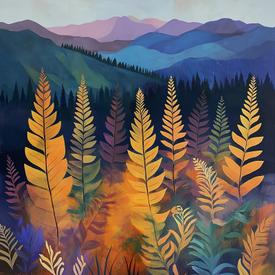 Colorful Ferns with Mountains