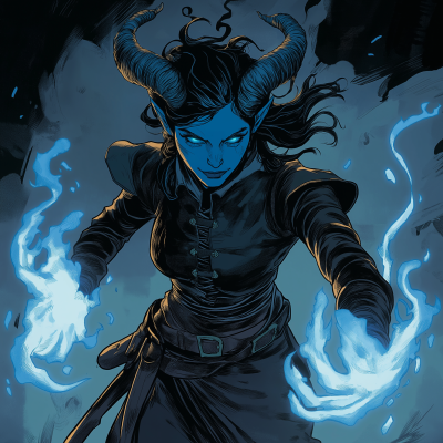 Blue Tiefling Sorceress in Action