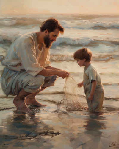 Father and Son Fishing at Sunset