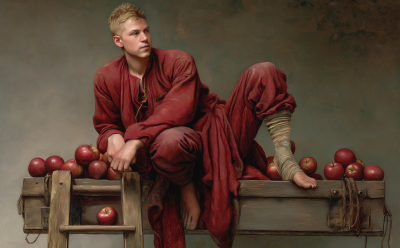 Man on Ladder with Apples